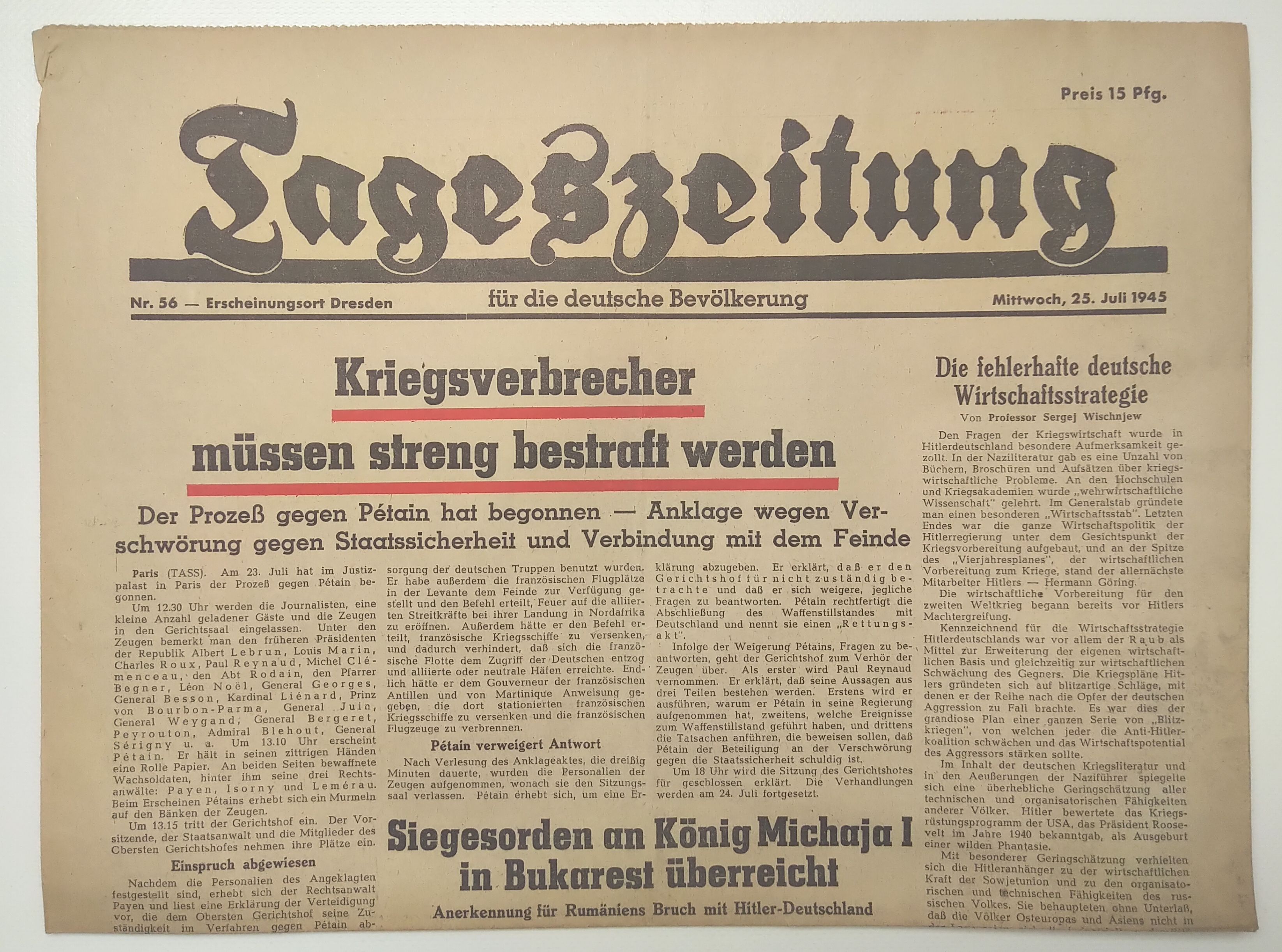 Tageszeitung Bestrafung Kriegsverbrecher Prozess gegen Petain 1945 Nr 56
