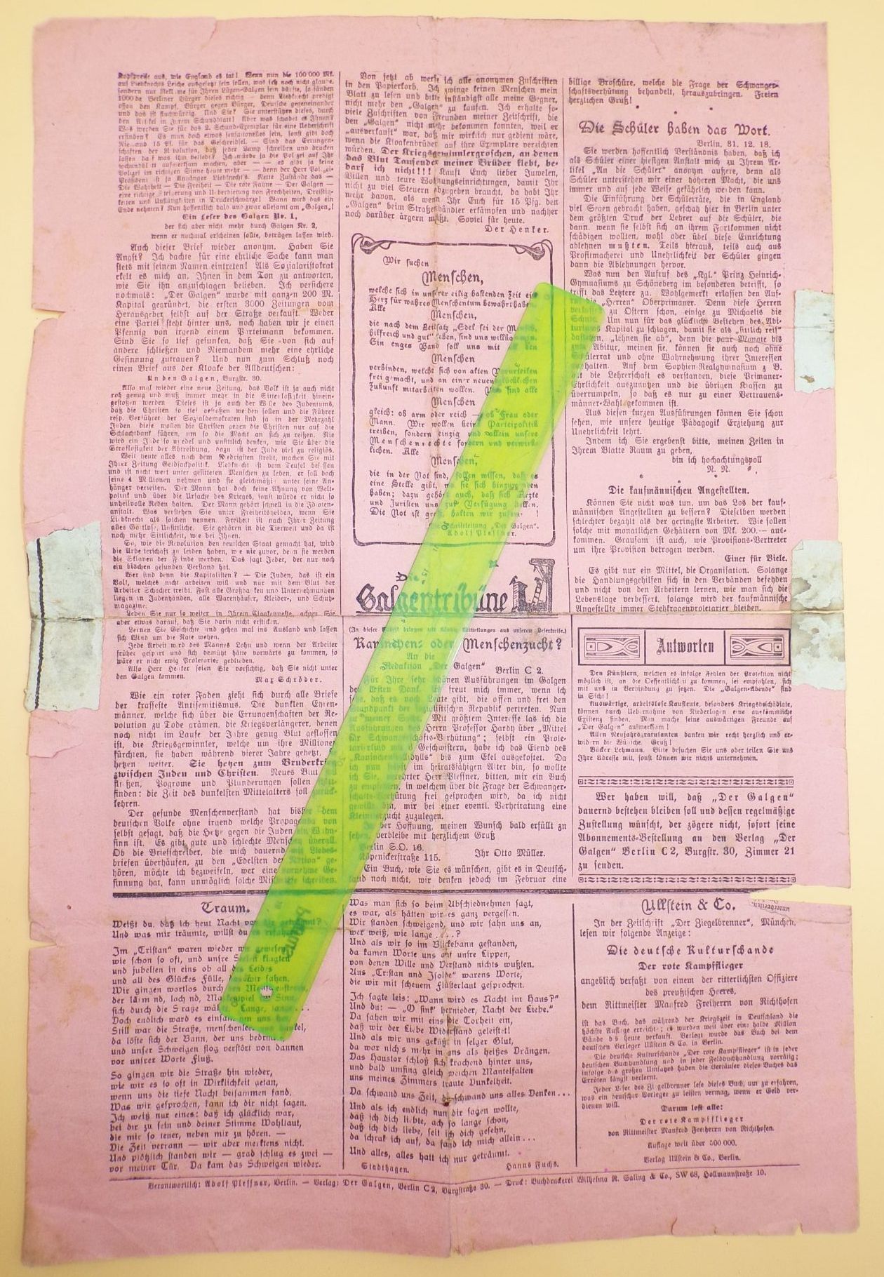 Zeitung Der Galgen deutsche Sozialaristokratie Ortsgruppe Berlin Nr 1 von 1919