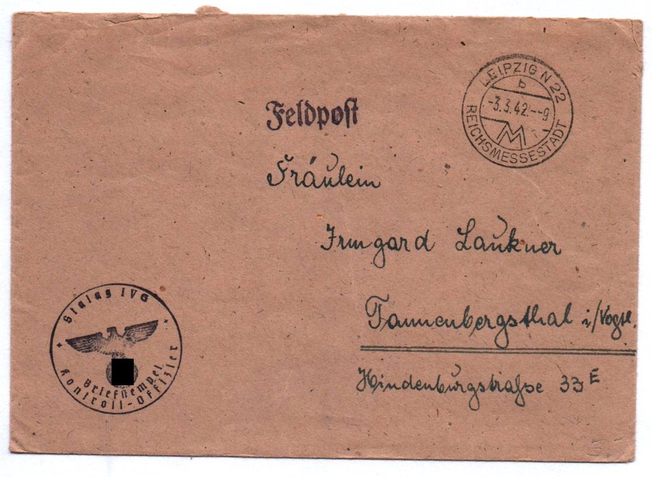 Feldpostbrief Stalag IV G Kontroll Offiziere 1942 M Stammlager IV G Leipzig Ost Stempel