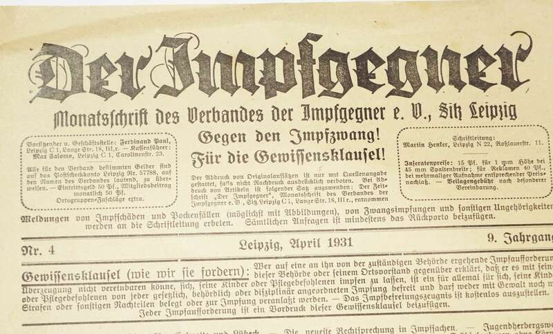 Der Impfgegner Nr 4  1931 Leipzig gegen Impfzwang Zeitdokument