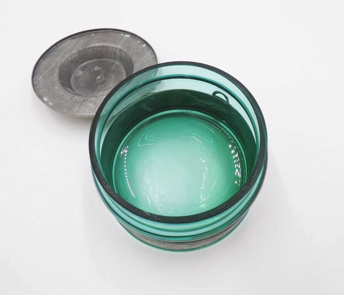 Altes Glas mit Metalldeckel Kette Grün Antik Behälter Vorratsgefäß 