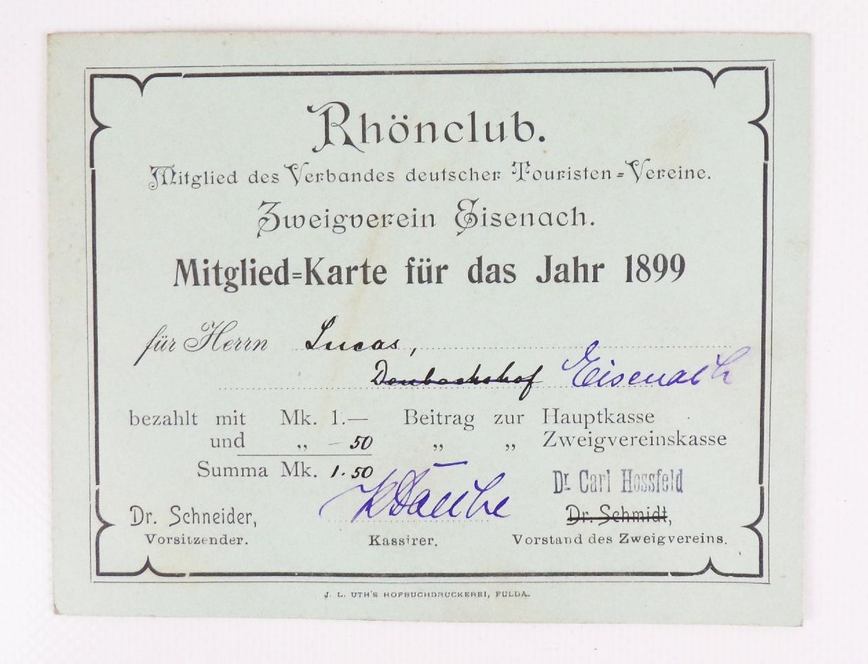 Mitgliedskarte Rhönclub Zweigverein Eisenach 1899 