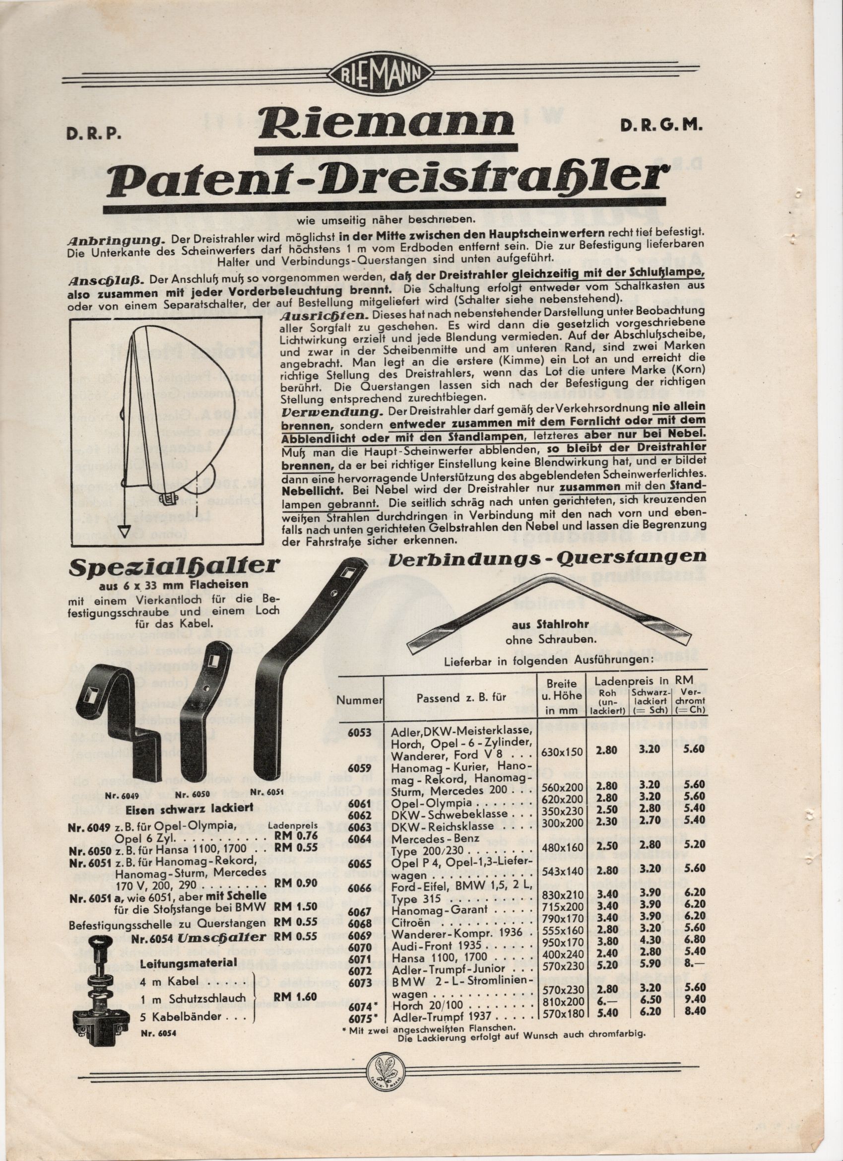 Blatt Riemann Patent Dreistrahler Druck Werbung Sammler 1937 Kfz