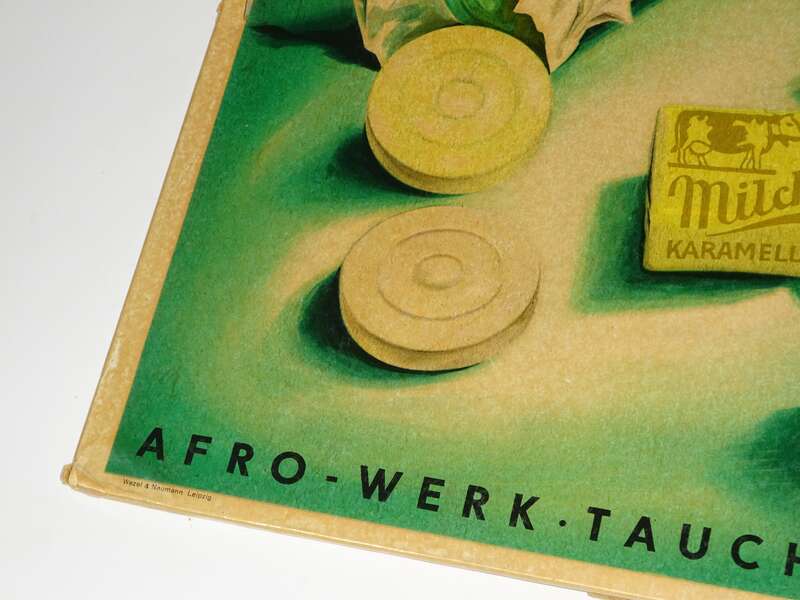DDR Pappschild Afro Milch Karamell Bonbons Dragees Taucha Leipzig 1958