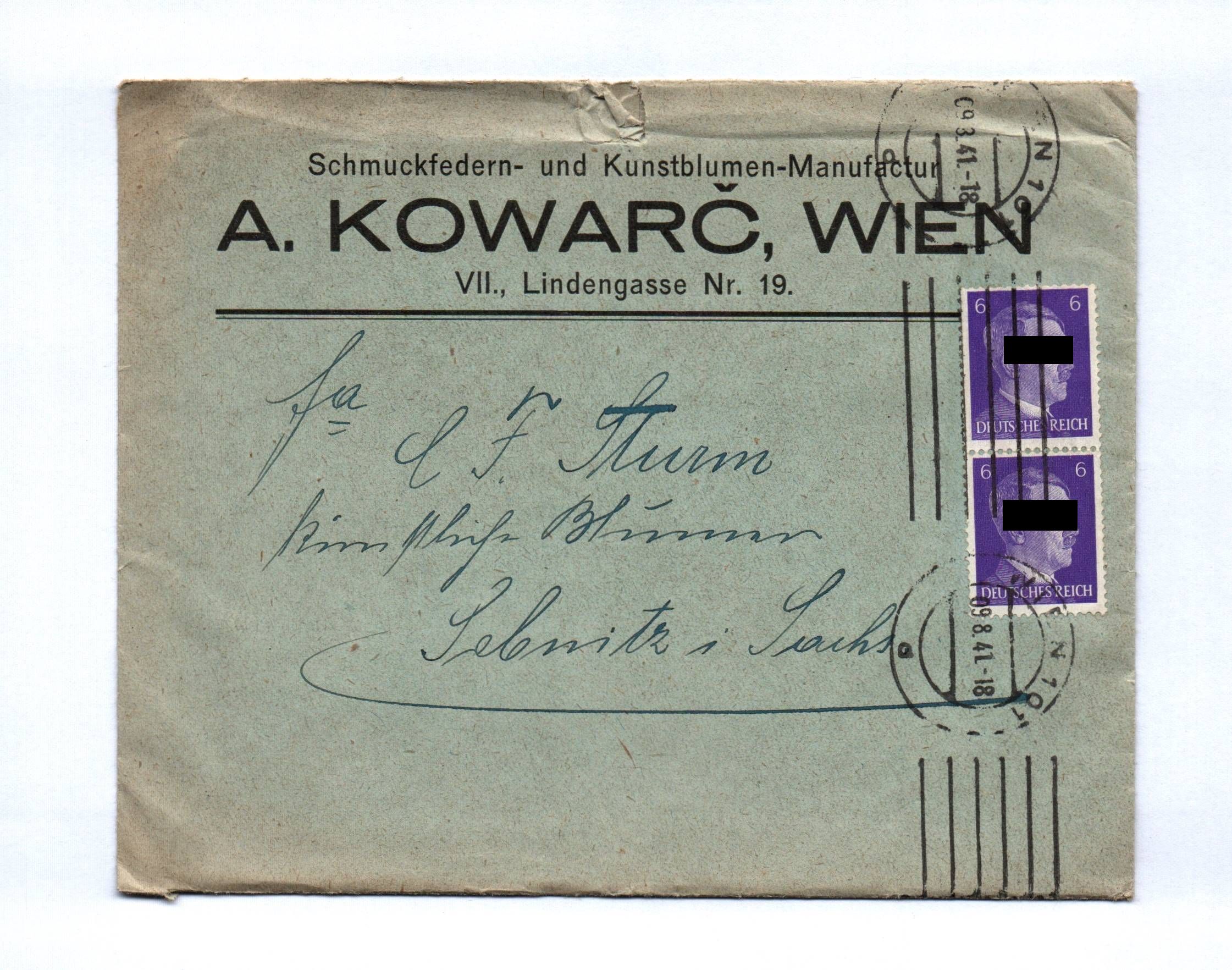 Brief Schmuckfedern Kunstblumen Manufactur Kowarc Wien 1941 Brief Schmuckfedern Kunstblumen Manufactur Kowarc Wien 1941