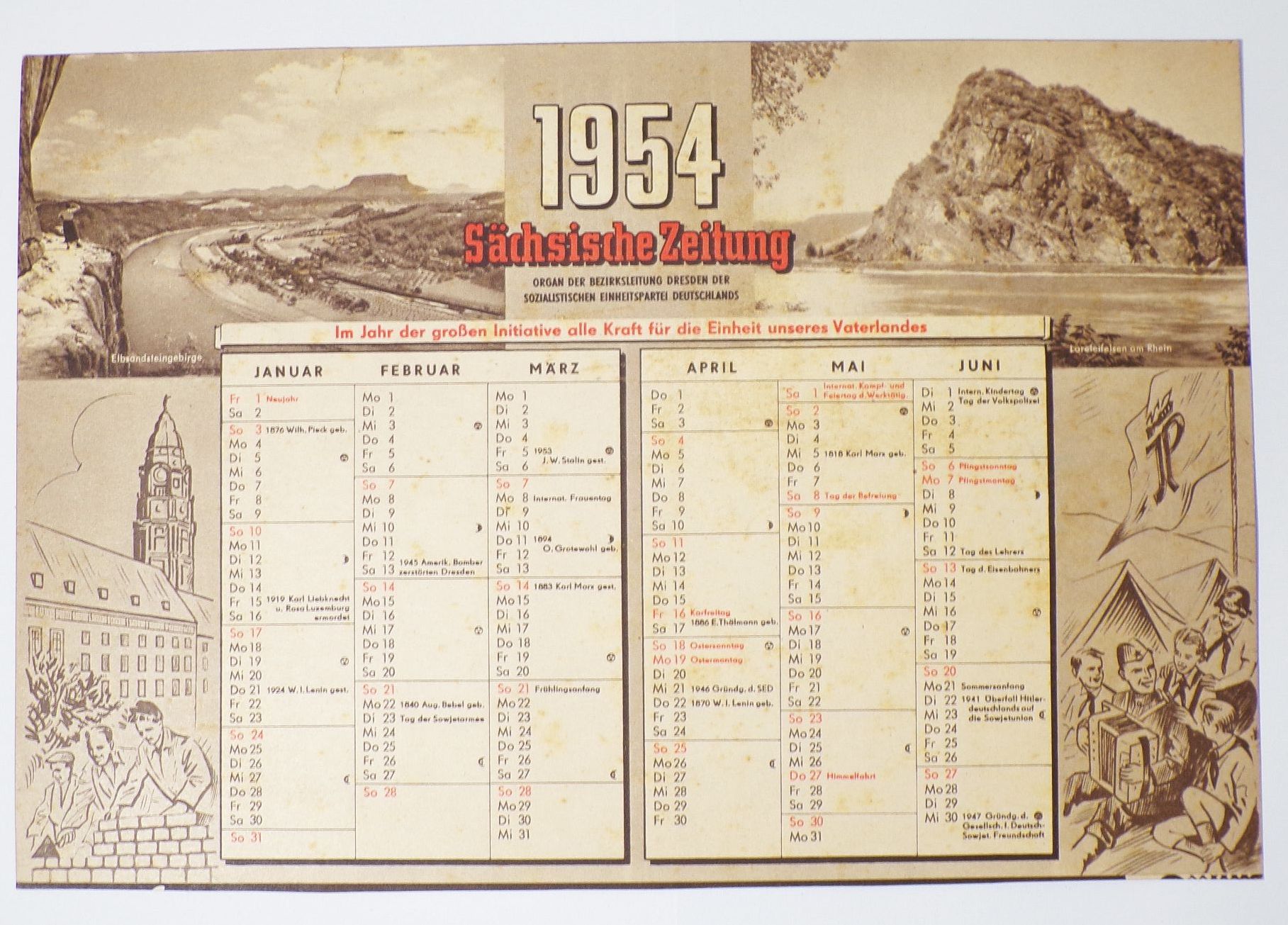 Kalender 1954 Sächsische Zeitung Wandkalender Druck Geburtstagsgeschenk