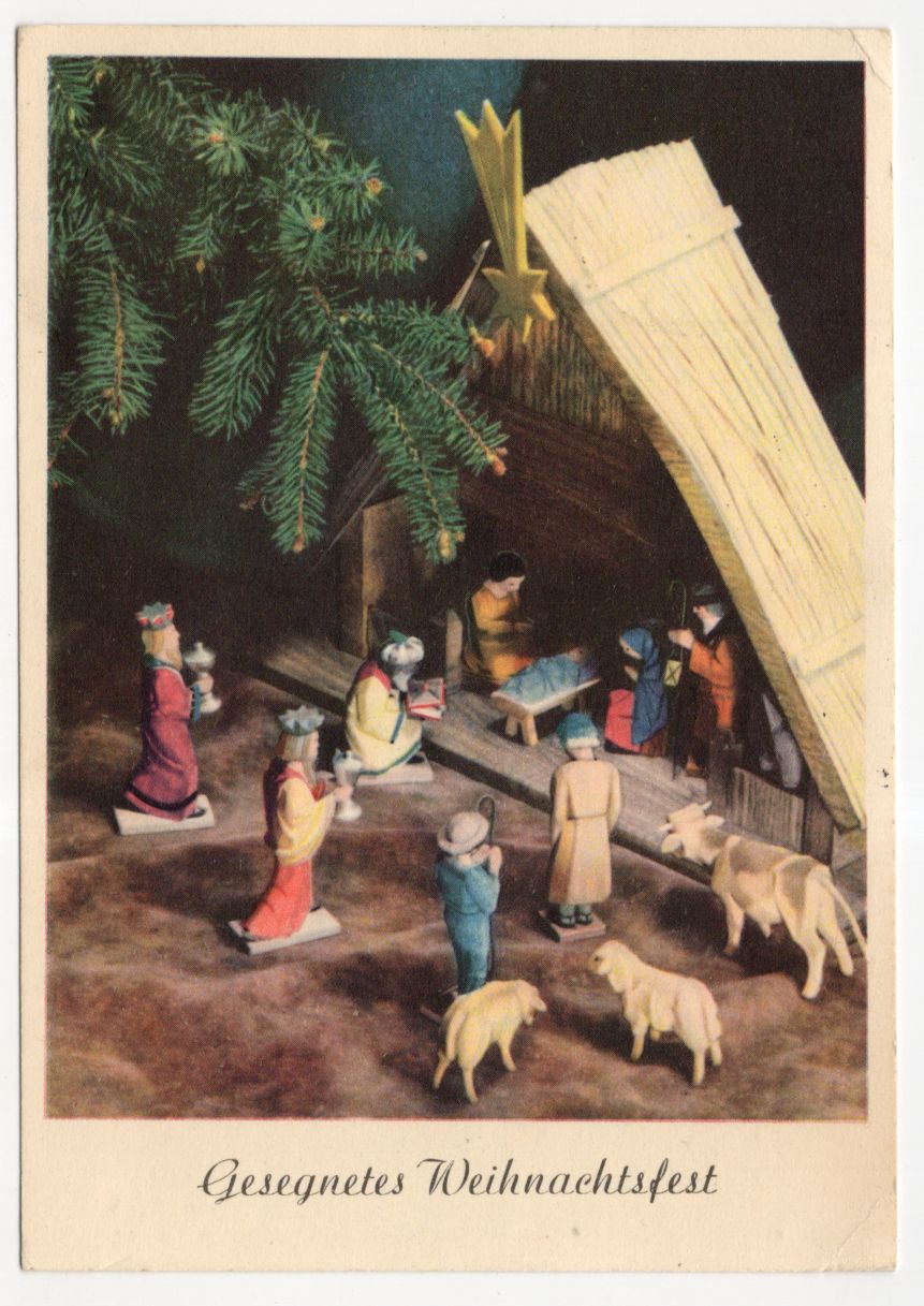 Künstler Ak Erzgebirge Krippe Figuren Gesegnetes Weihnachtsfest 1954 DDR