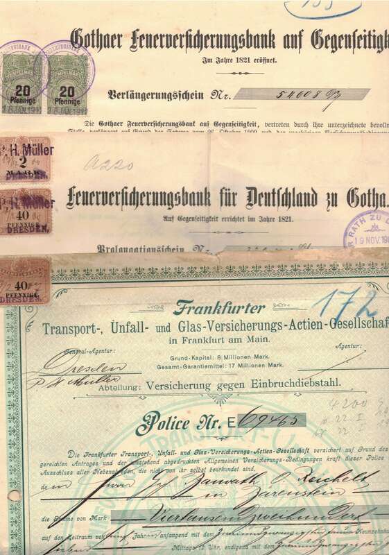 Konvolut Versicherung Papiere Police Stempelmarken Dresden Bärenstein 1900/07