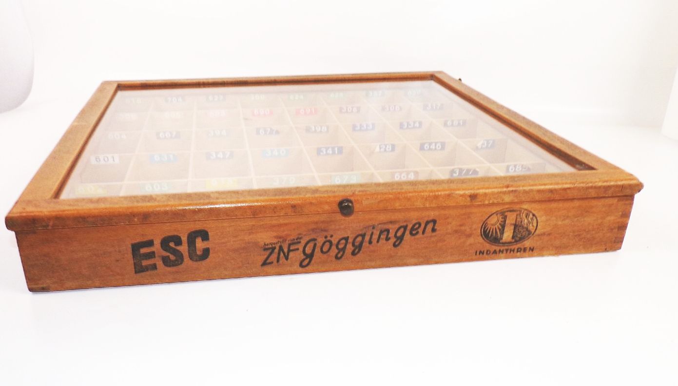 Alte Verkaufsvitrine ESC ZNF Indanthren Göggingen Nähseide Reklame Werbung