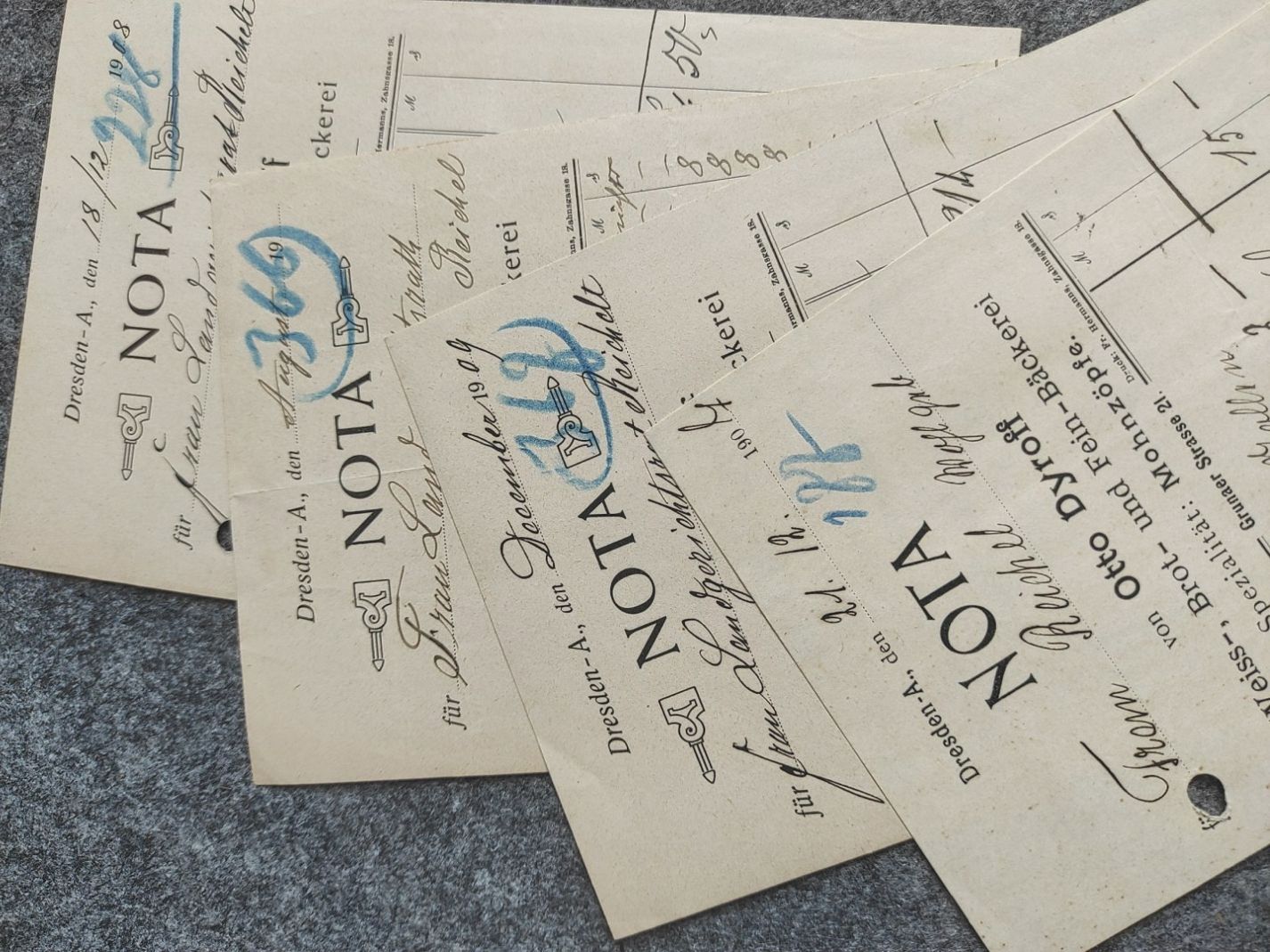 4 alte Quittungen 1907 1908 1909 NOTA Bäckerei Dresden 4 alte Quittungen 1907 1908 1909 NOTA Bäckerei Dresden