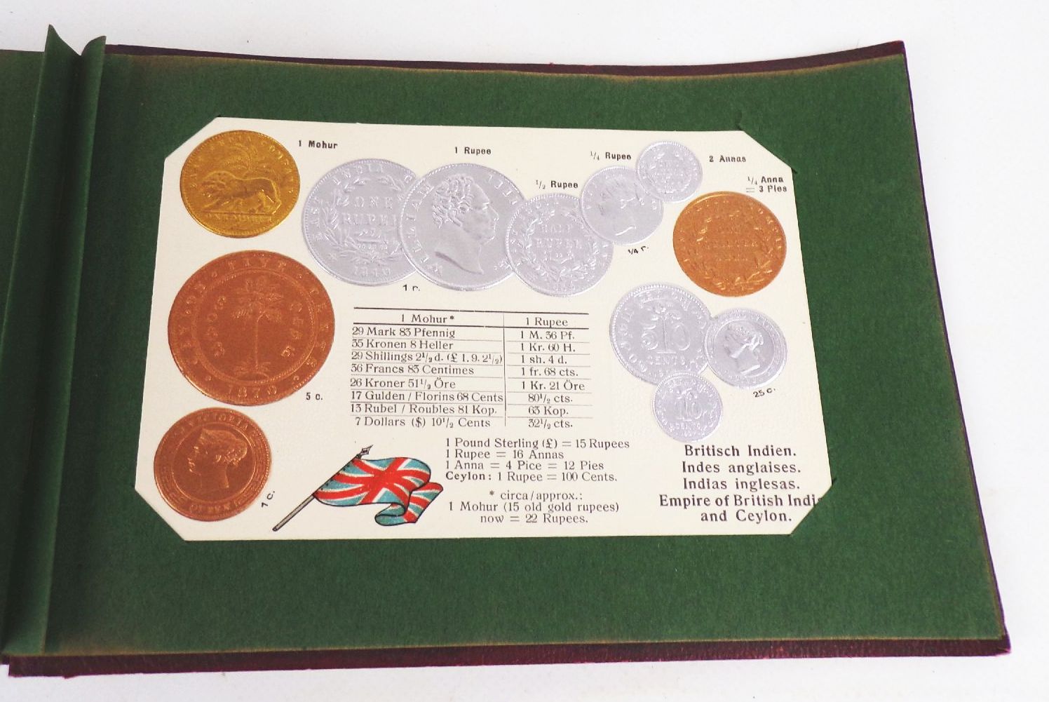 Geldsorten aller Länder Postkartenalbum Geld Münz Ansichtskarten um 1910 Rarität 45 Präge Ansichtskarten