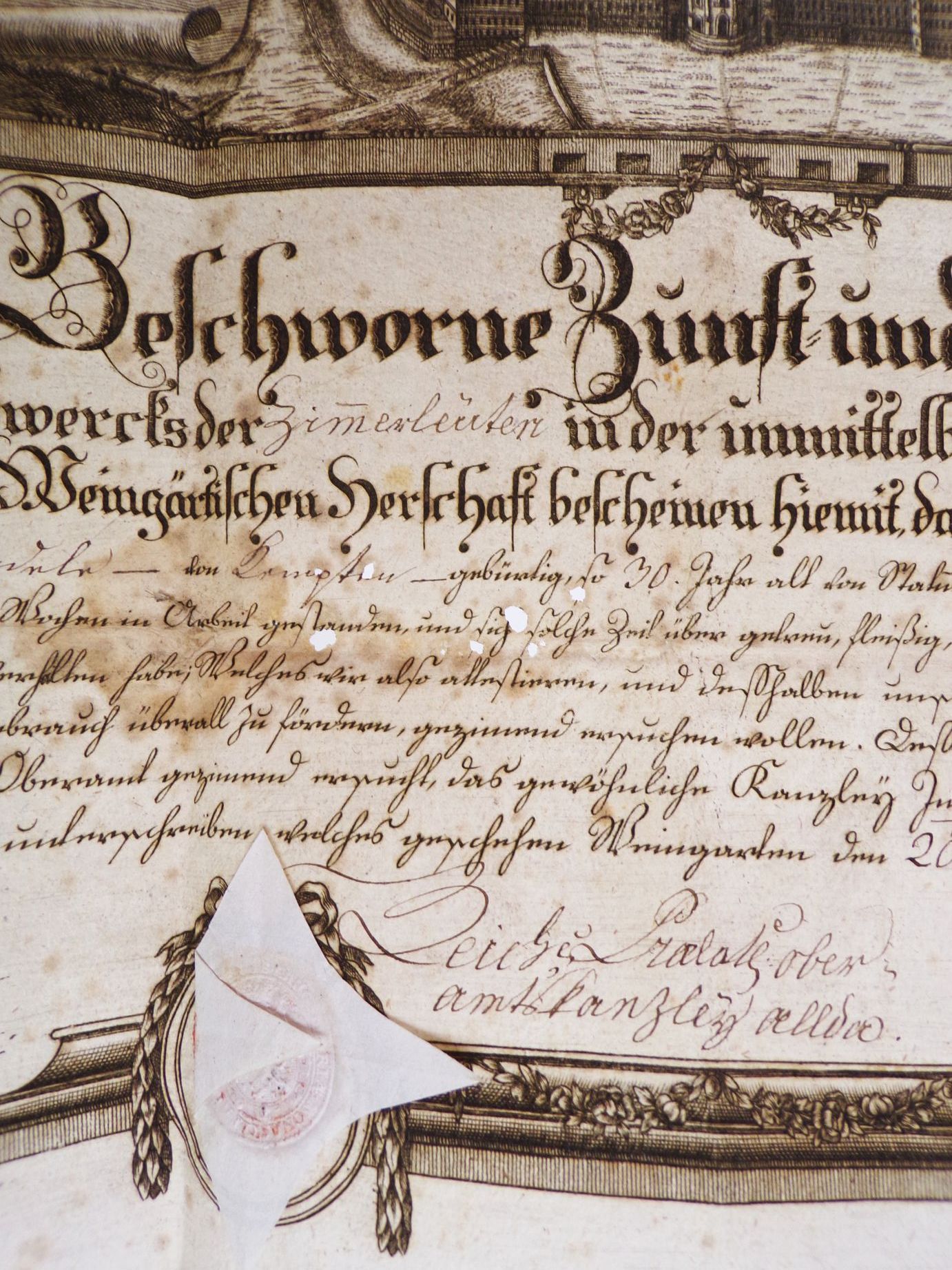 Uralter Gesellenbrief Zimmermann 1796 Weingarten Kupferstich Rarität