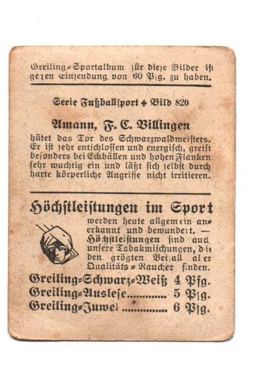 Fussball trading card Amann F C Villingen Greiling Fussballsport Nr 820 Fussball trading card Amann F C Villingen Greiling Fussballsport Nr 820
