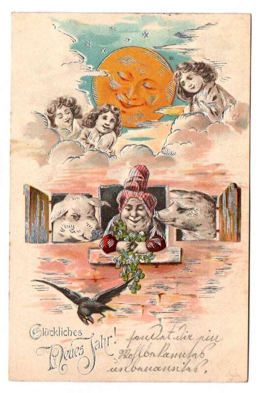 Neujahr Ansichtskarte Zwerg mit Schweinen silber geprägt Sonne 1903