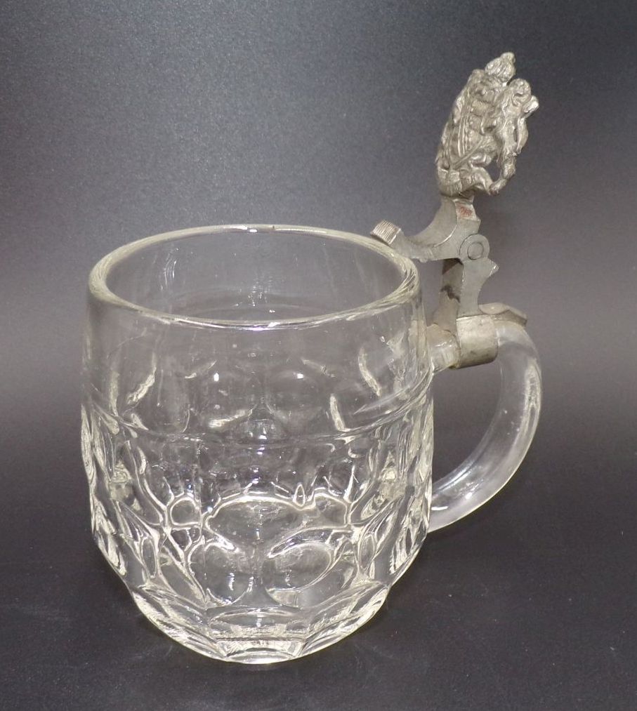 Alter Bierkrug aus Glas ohne Zinndeckel Sachsen Wappen um 1900 