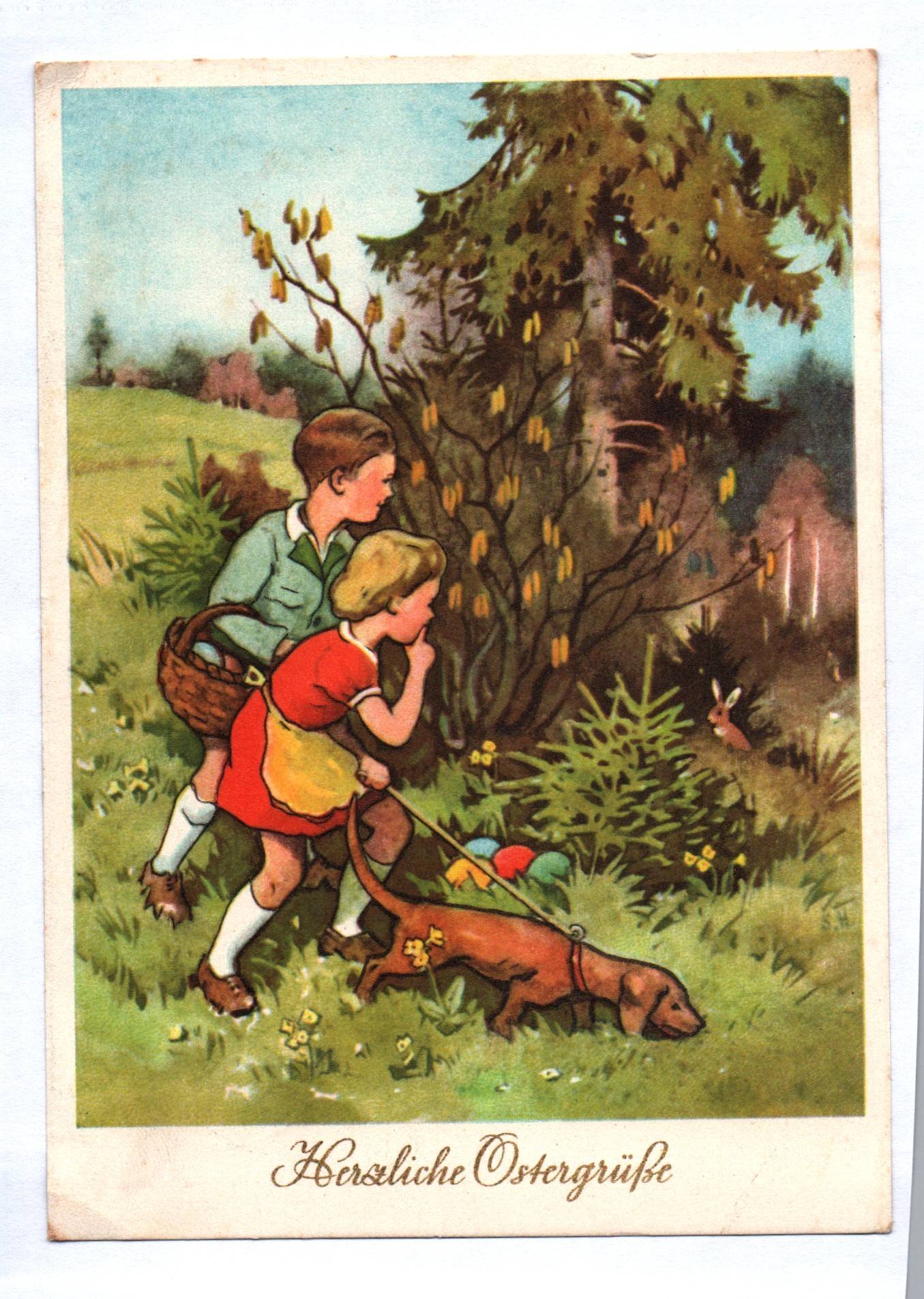 Ak Kinder mit Hund in der Natur Herzliche Ostergrüße 1965 DDR