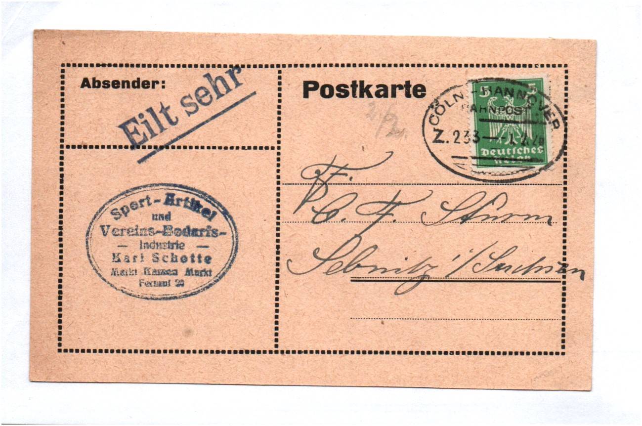 Postkarte Bahnpost Stempel Zug 233 Cöln nach Hannover 1926 