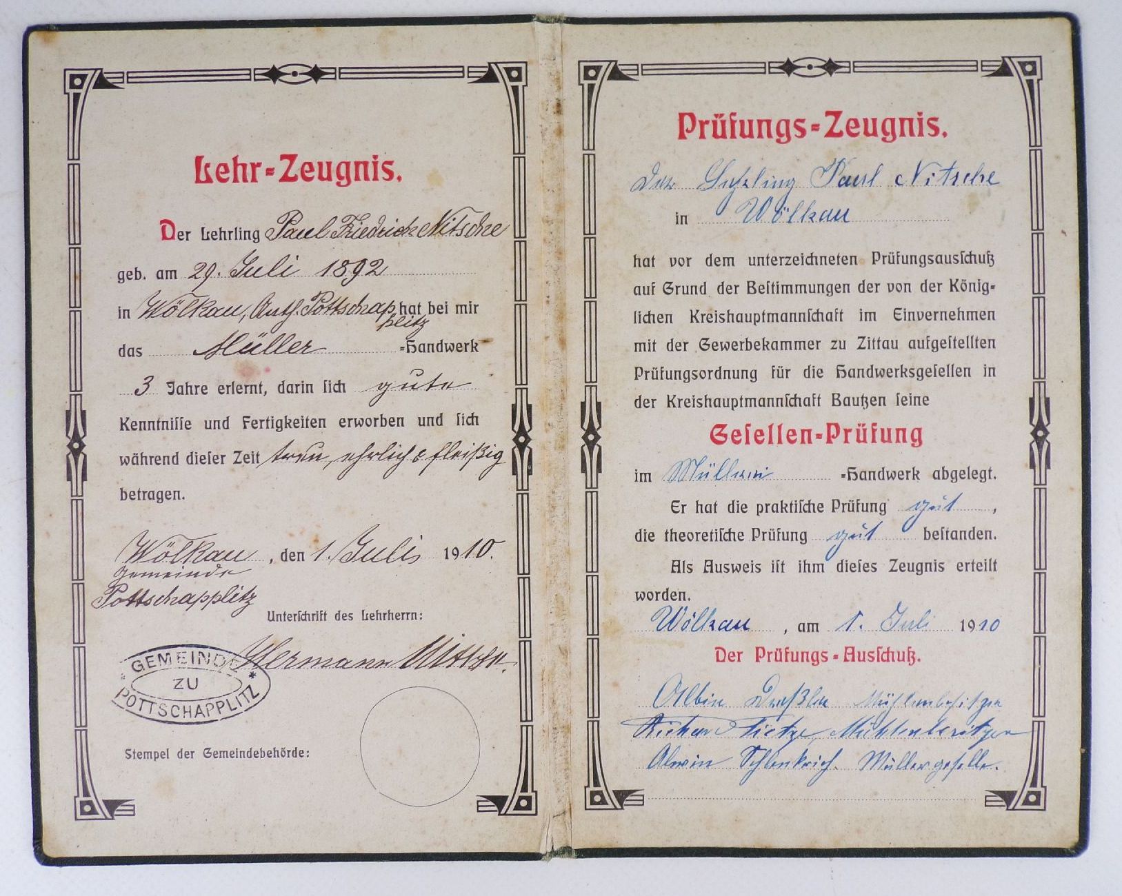 Lehrzeugnis Prüfungszeugnis Zittau Müller 1910 Antikes Dokument Lehrzeugnis Prüfungszeugnis Zittau Müller 1910 Antikes Dokument
