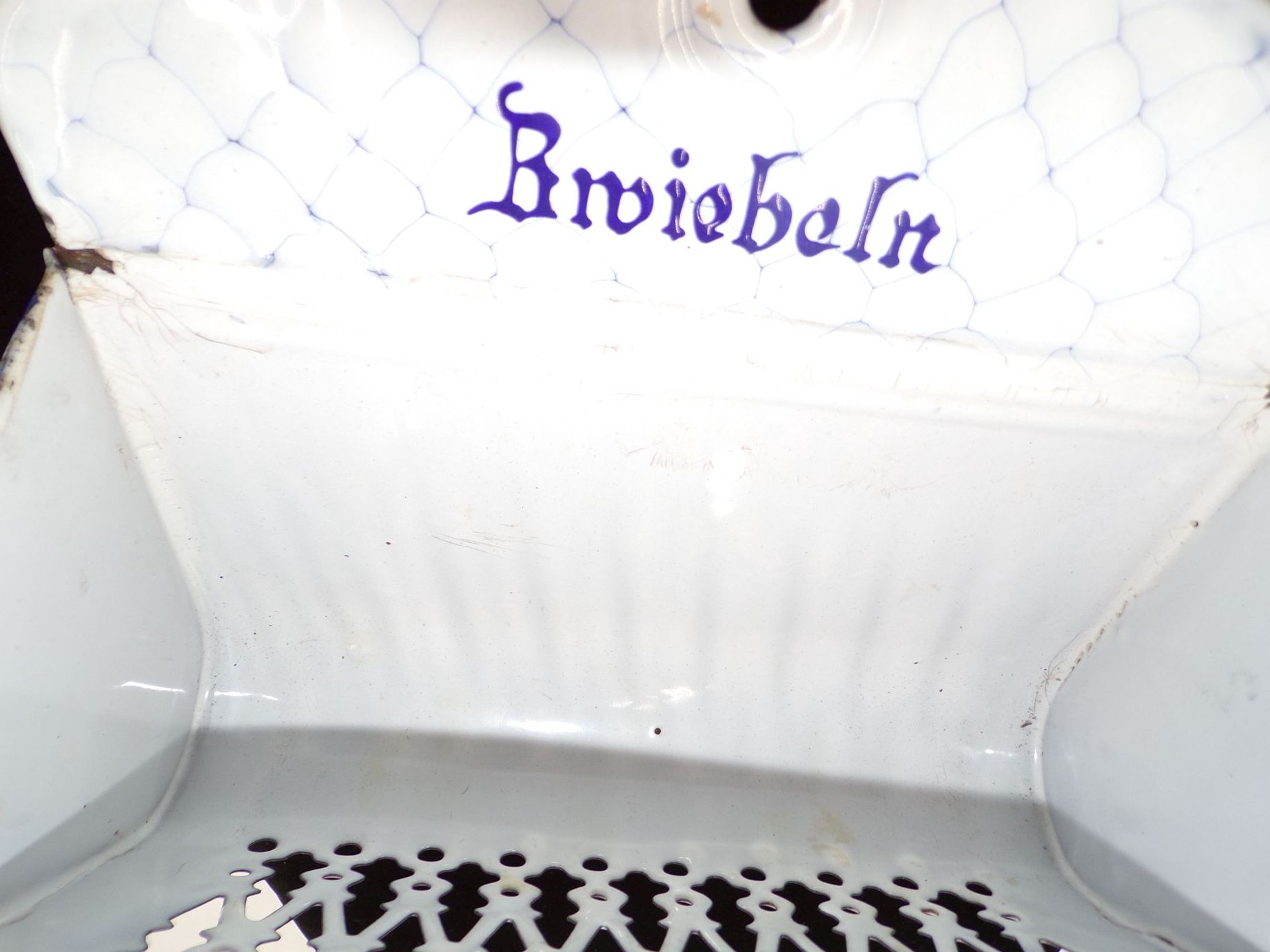 Alter Email Zwiebelbehälter Wabenmuster Netzdekor Blau Weiß Vintage