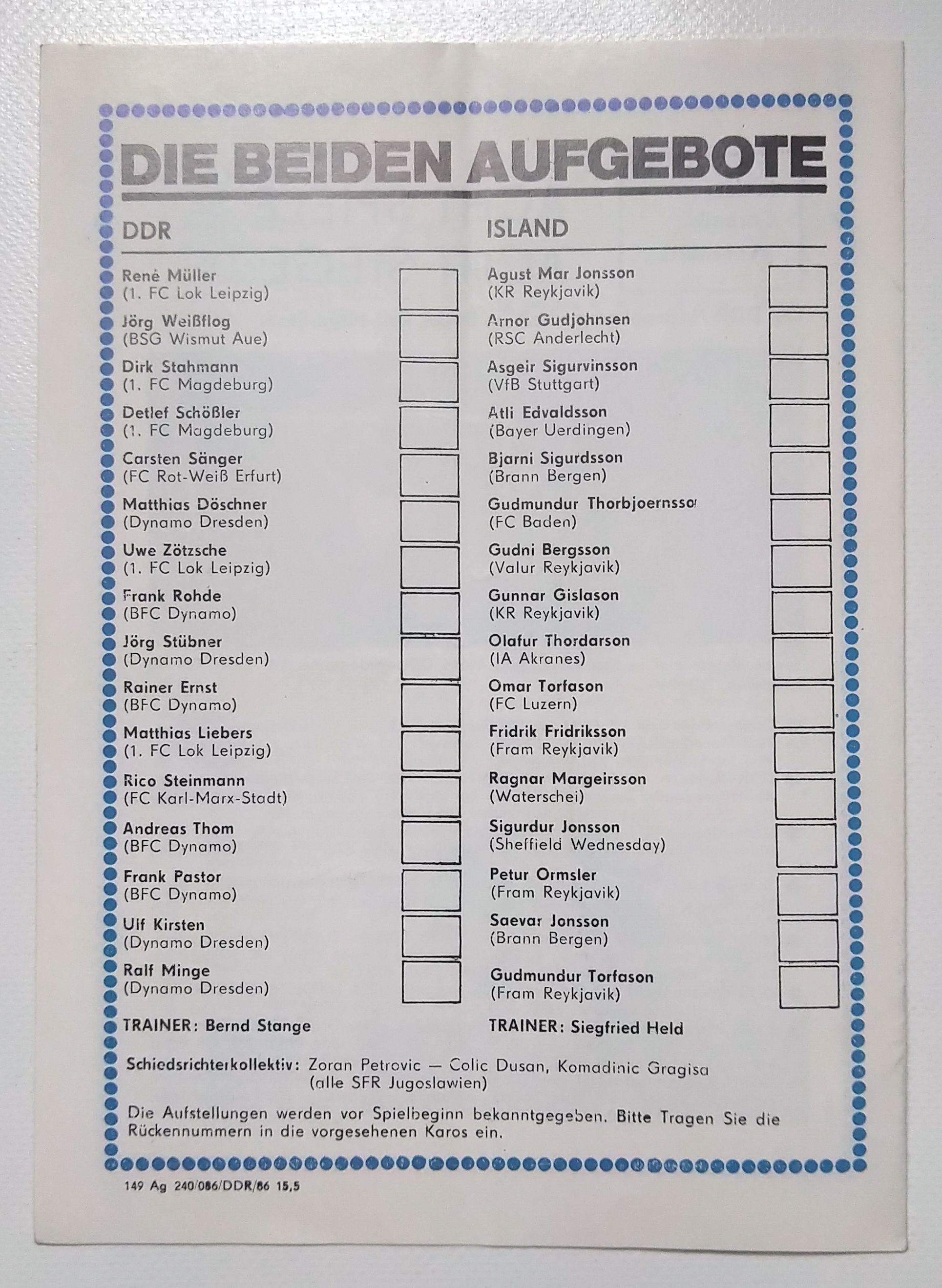 Fußball Programmheft Fußballländerspiel DDR - Island 1986