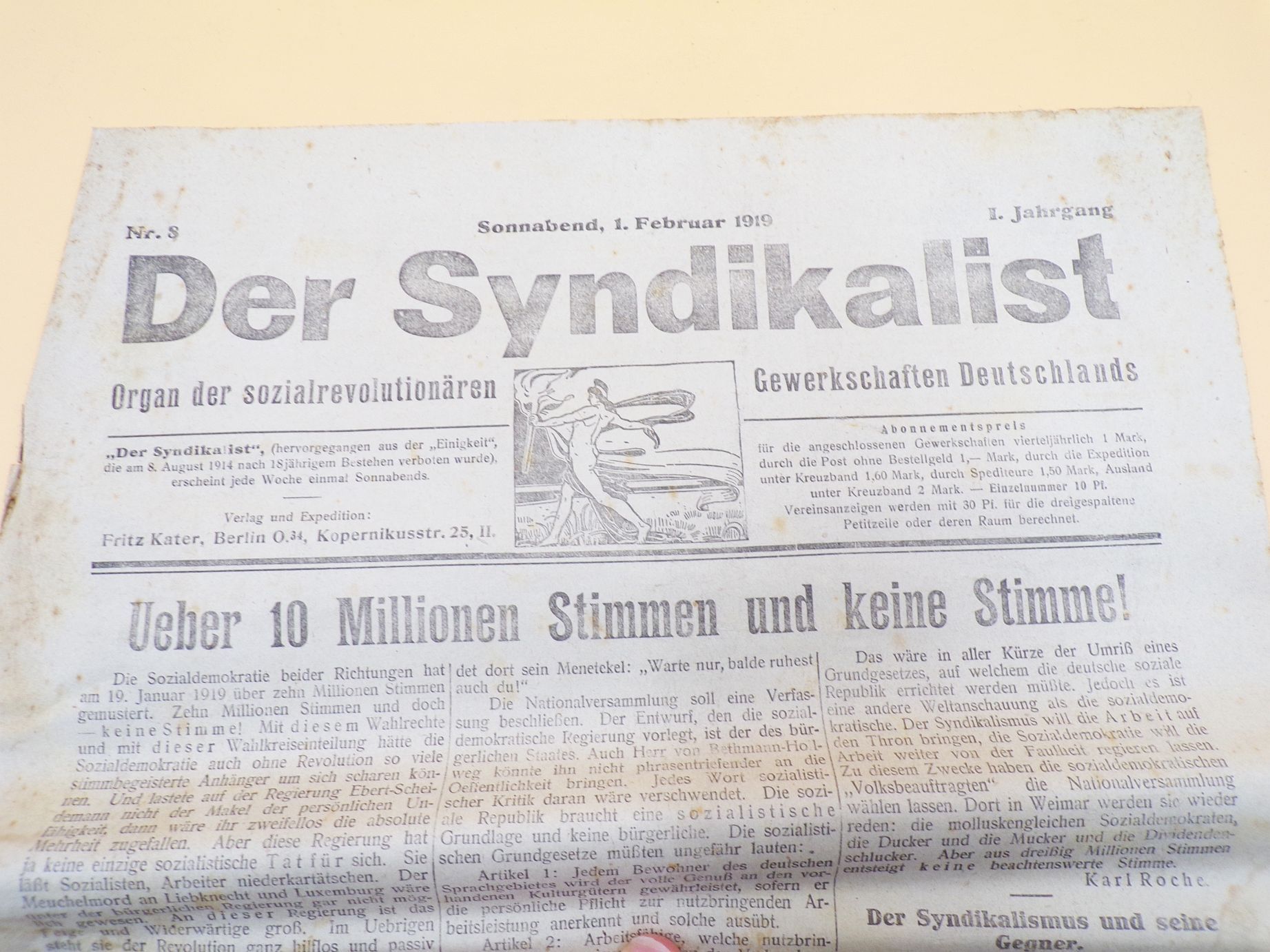 Zeitung Der Syndikalist sozialrevolutionäre Gewerkschaft 1919