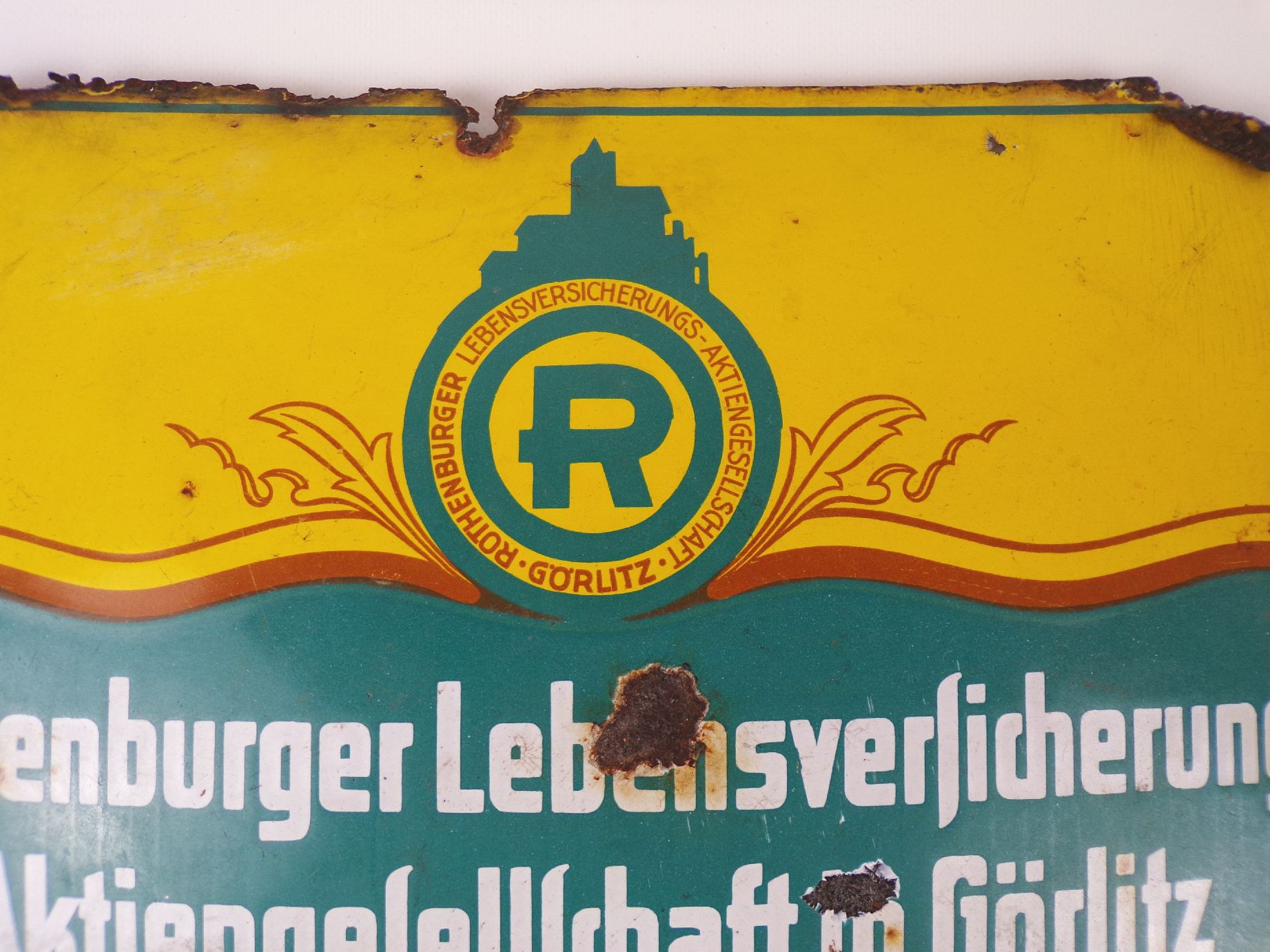 Altes Emailschild Rothenburger Lebensversicherung Görlitz um 1930 