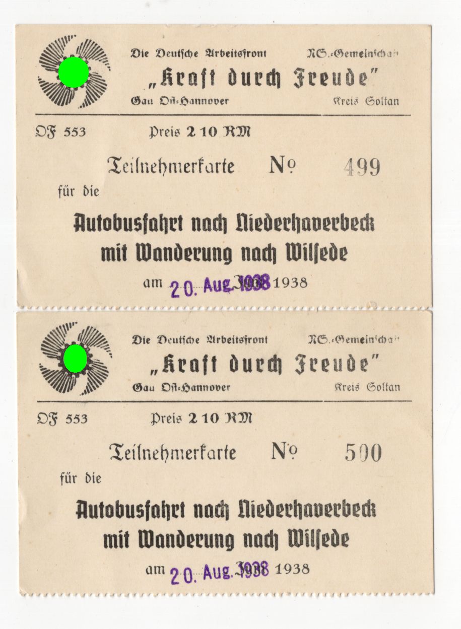 2 x KdF Teilnehmerkarte Autobusfahrt nach Niederhaverbeck mit Wanderung nach Wilsede 