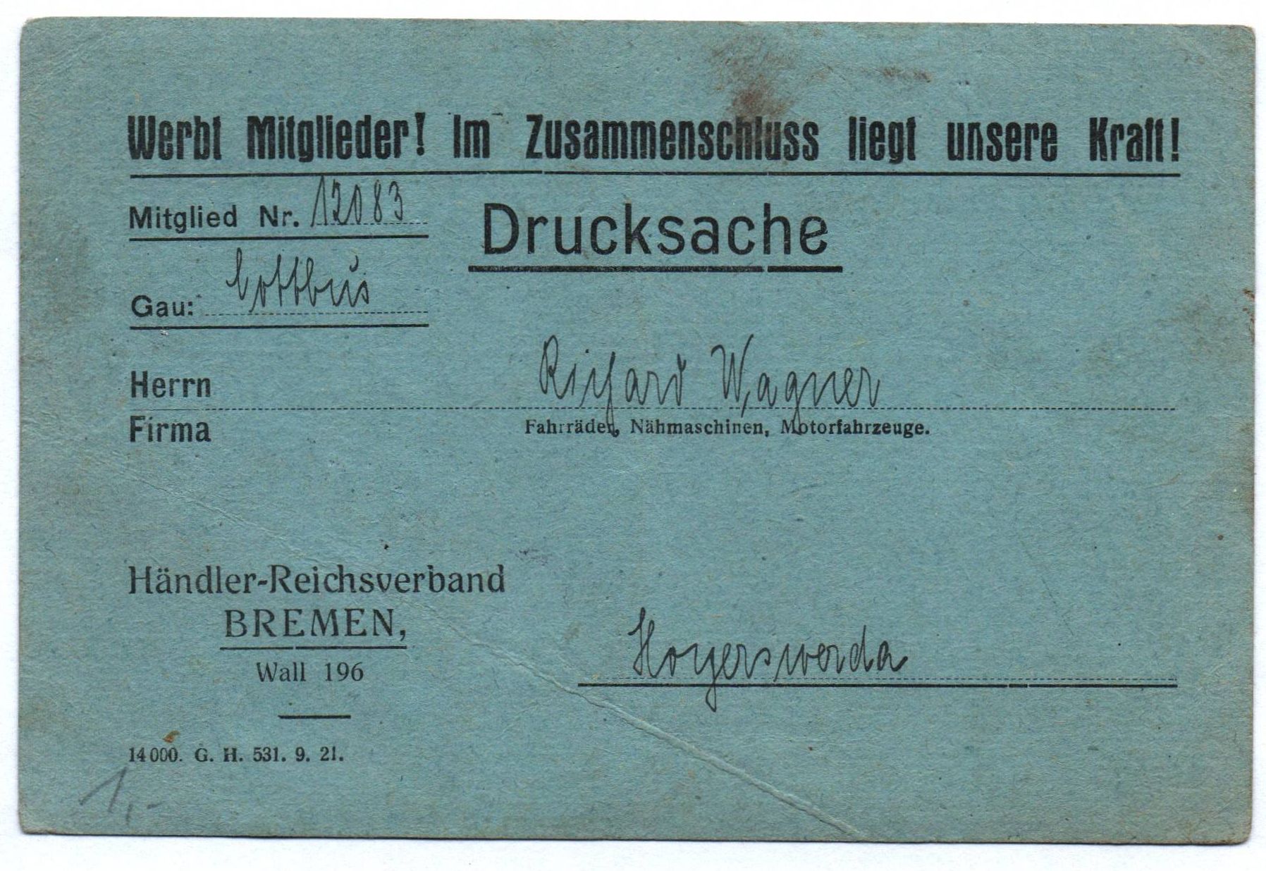 Mitgliedskarte Reichsverband deutscher Fahrrad Motorfahrzeug EV Bremen 1921 Mitgliedskarte Reichsverband deutscher Fahrrad Motorfahrzeug EV Bremen 1921