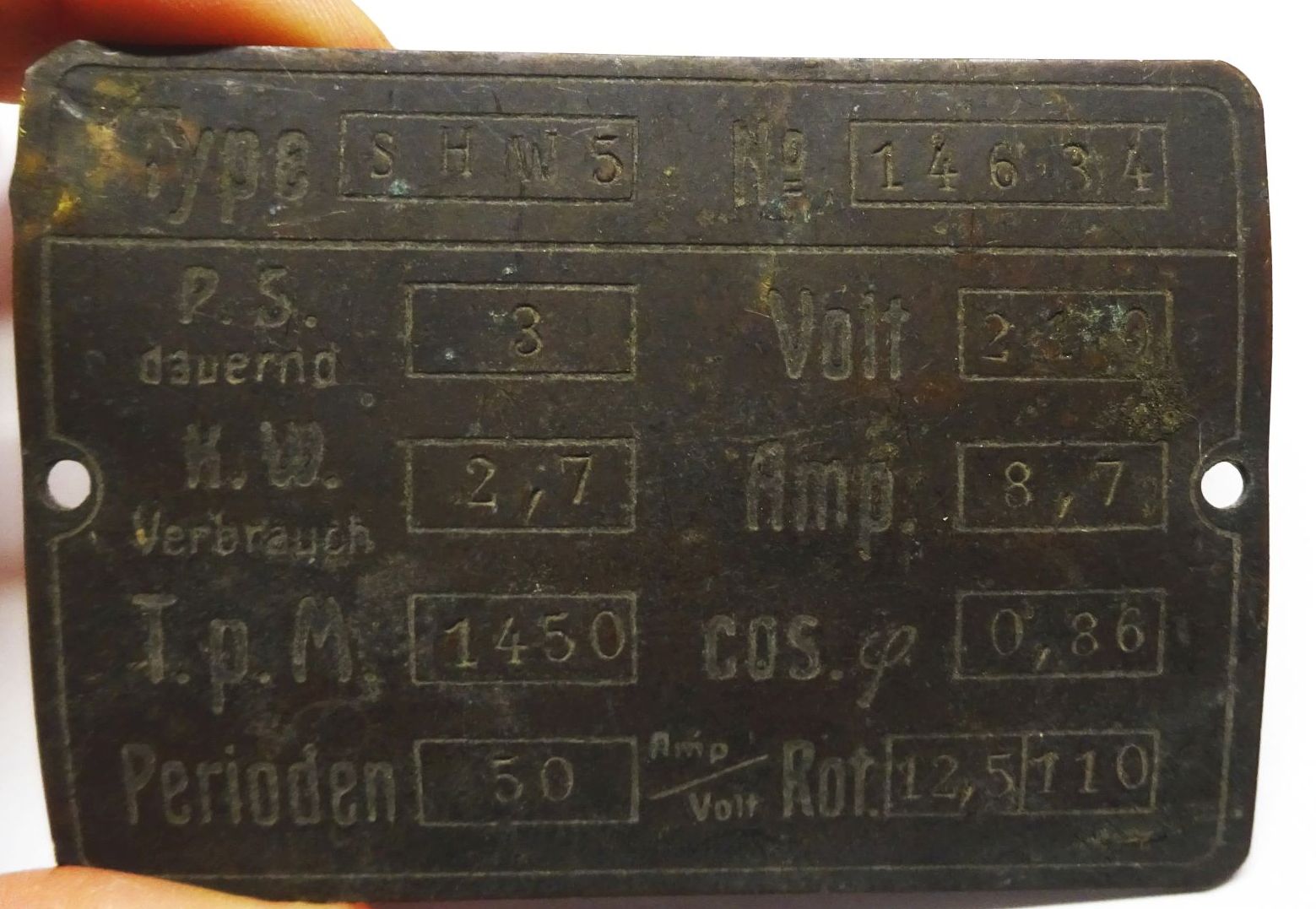 Altes Typenschild SHW5 3PS wohl von Elektromotor Altes Typenschild SHW5 3PS wohl von Elektromotor