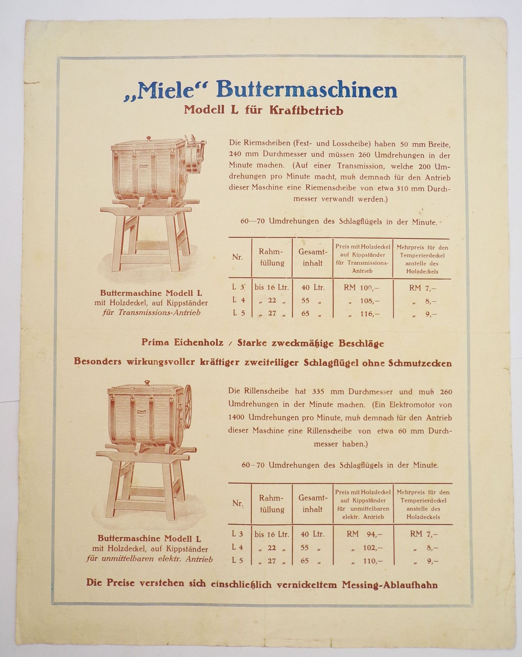 Miele Buttermaschine Reklameblatt 1930 Landwirtschaft Bauer Druck