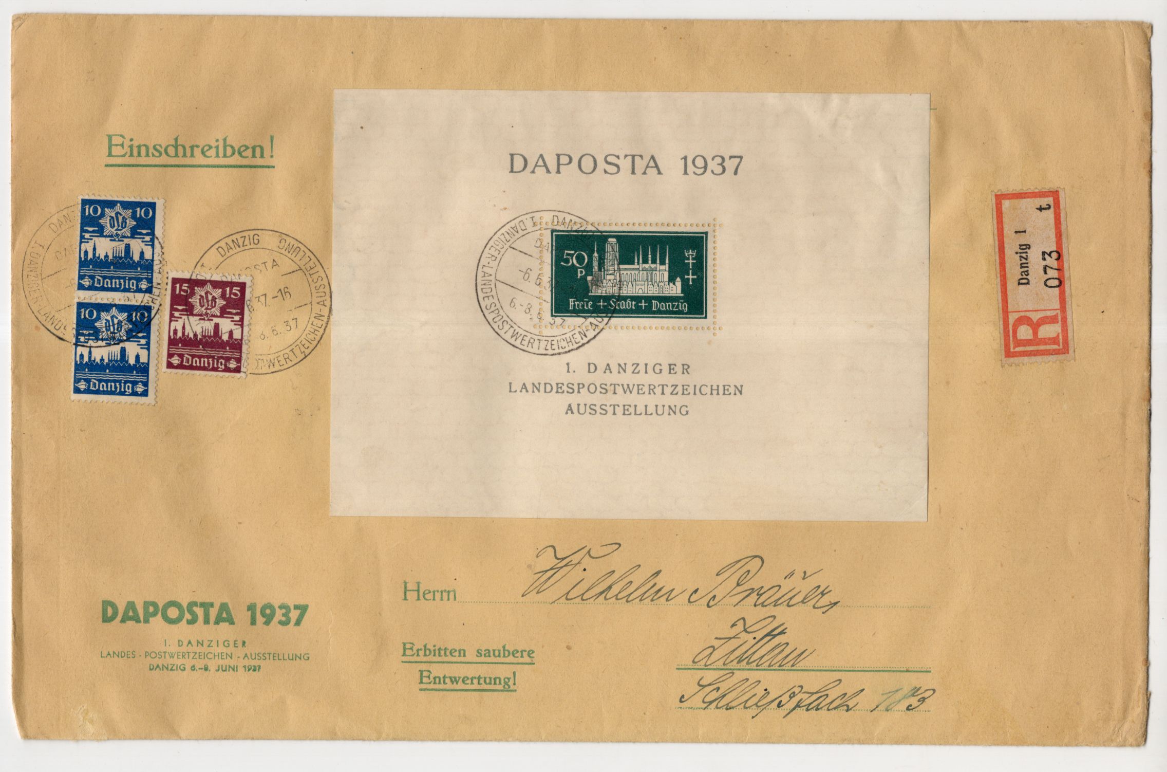 Danzig Block 1 auf Grossbrief plus Block 2 gestempelt Daposta 1937