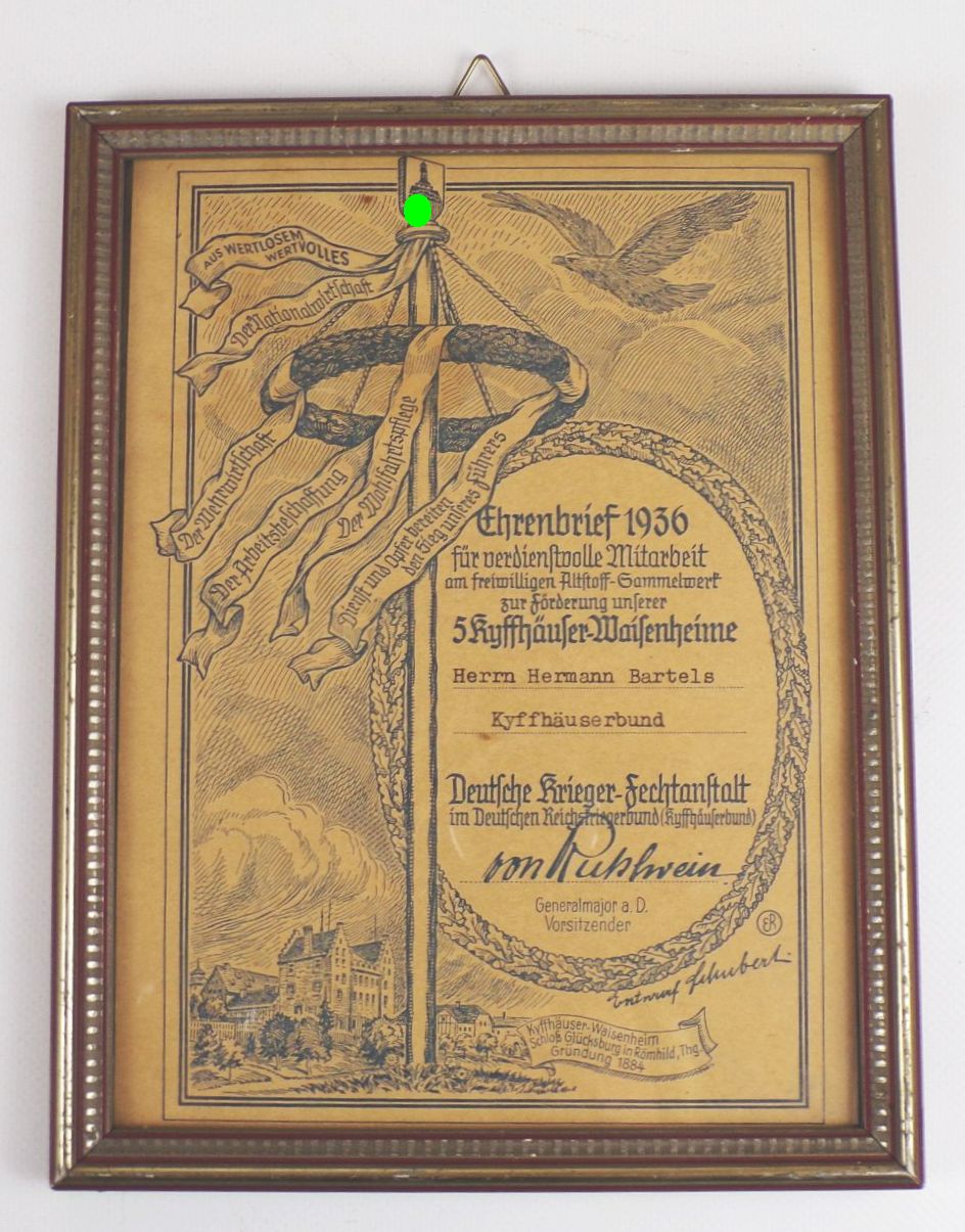 Ehrenbrief 1936 Sammlung Altstoff Kyffhäuser Waisenheime Kyffhäuserbund Deutsche Krieger Fechtanstalt Ehrenbrief 1936 Sammlung Altstoff Kyffhäuser Waisenheime Kyffhäuserbund Deutsche Krieger Fechtanstalt