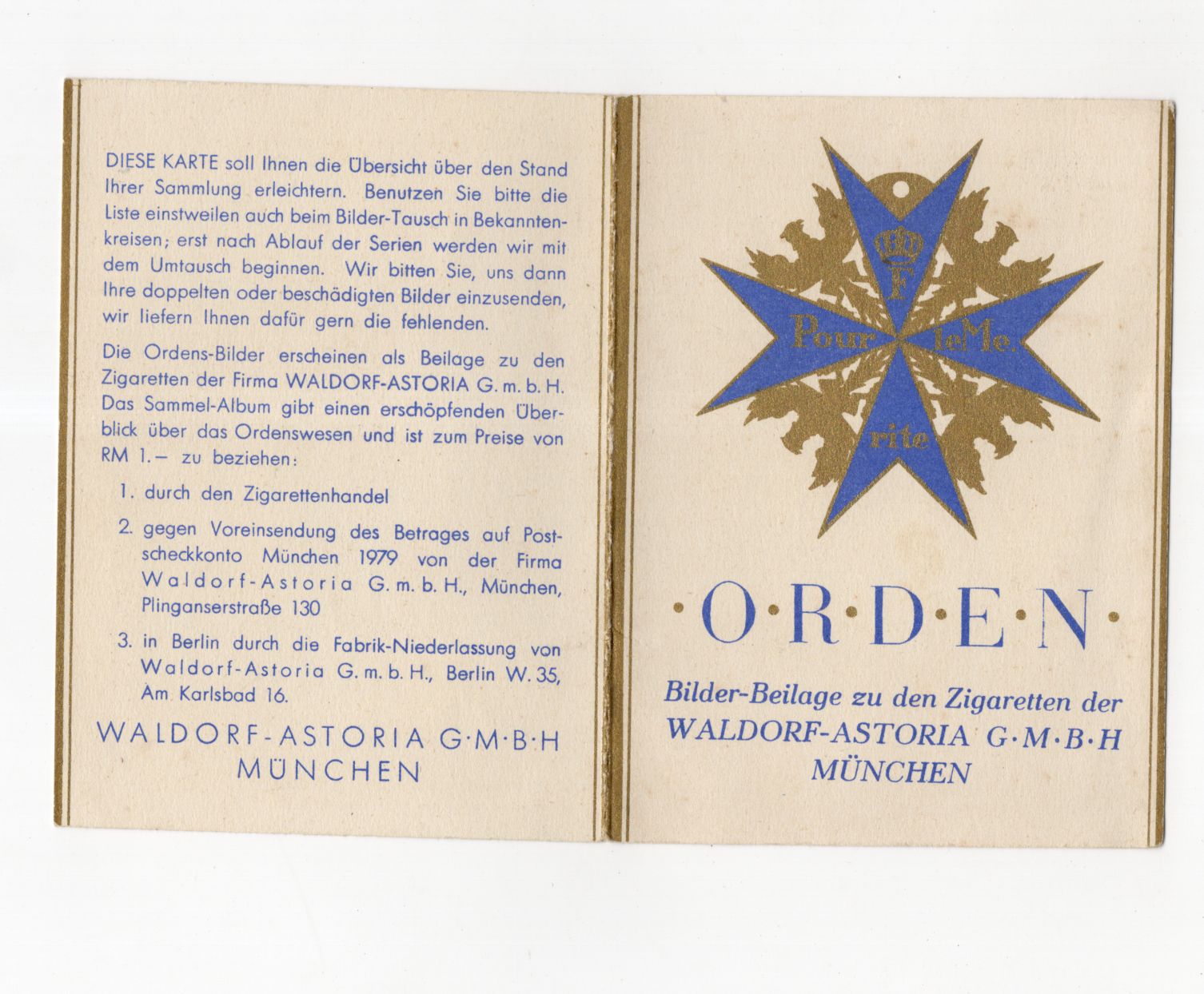 Alte Tauschkarte Orden Walddorf Astoria München um 1930