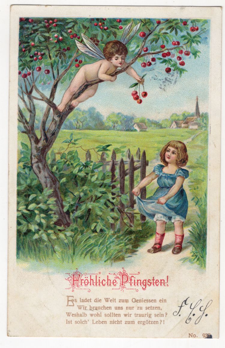 Litho Ak Elf pflückt Kirschen Mädchen Fröhliche Pfingsten 1906 geprägt