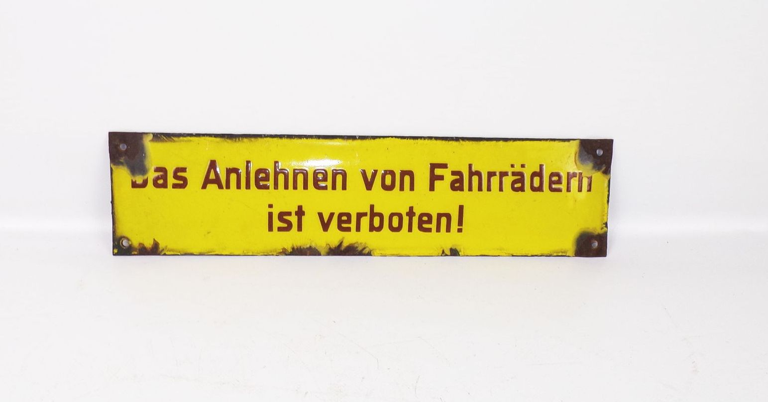Altes Emailschild Anlehnen von Fahrrädern ist verboten 1930er Fahrrad