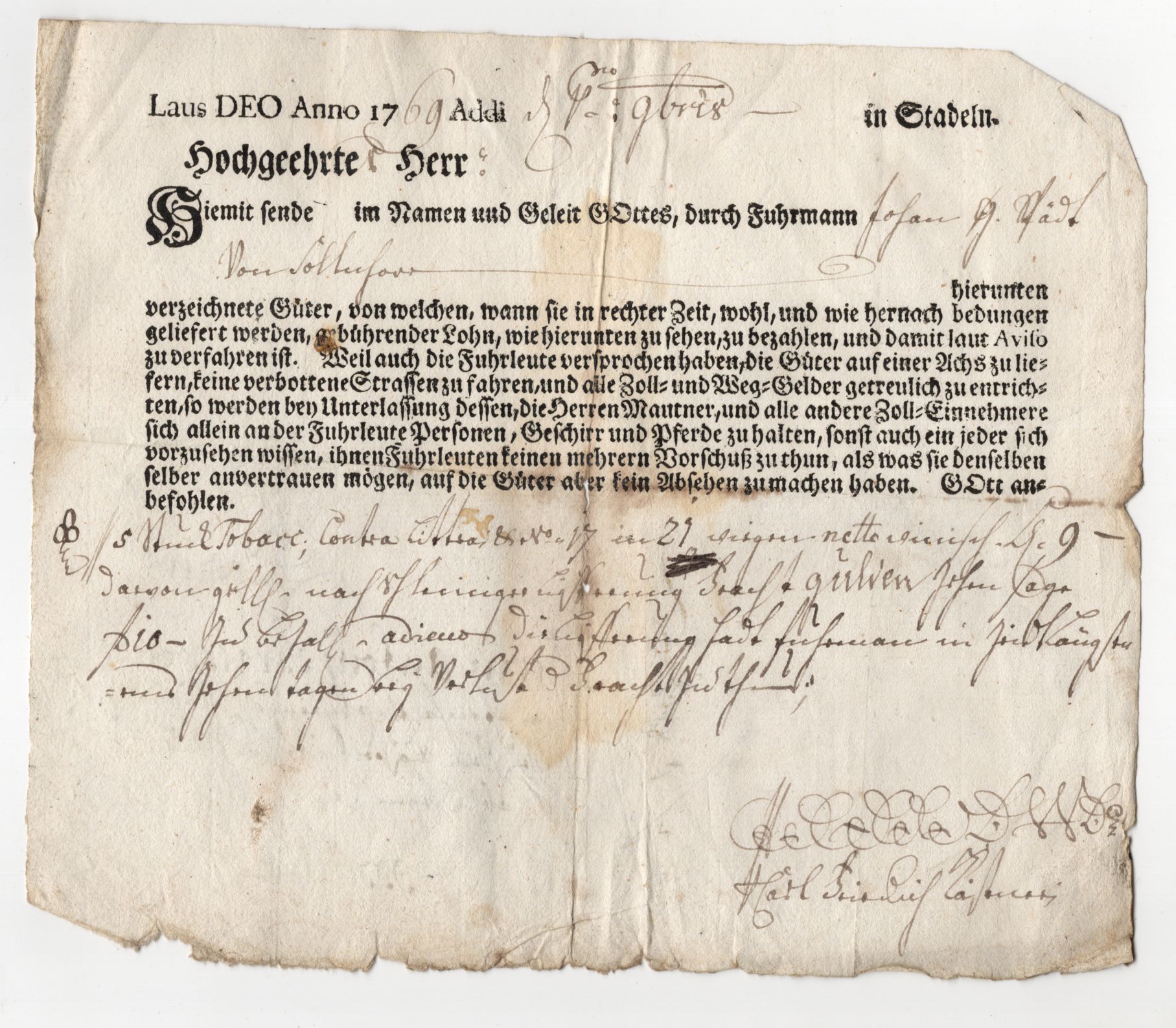Dokument 1769 Fuhrmann Transportbeleg Stadeln Dokument 1769 Fuhrmann Transportbeleg Stadeln