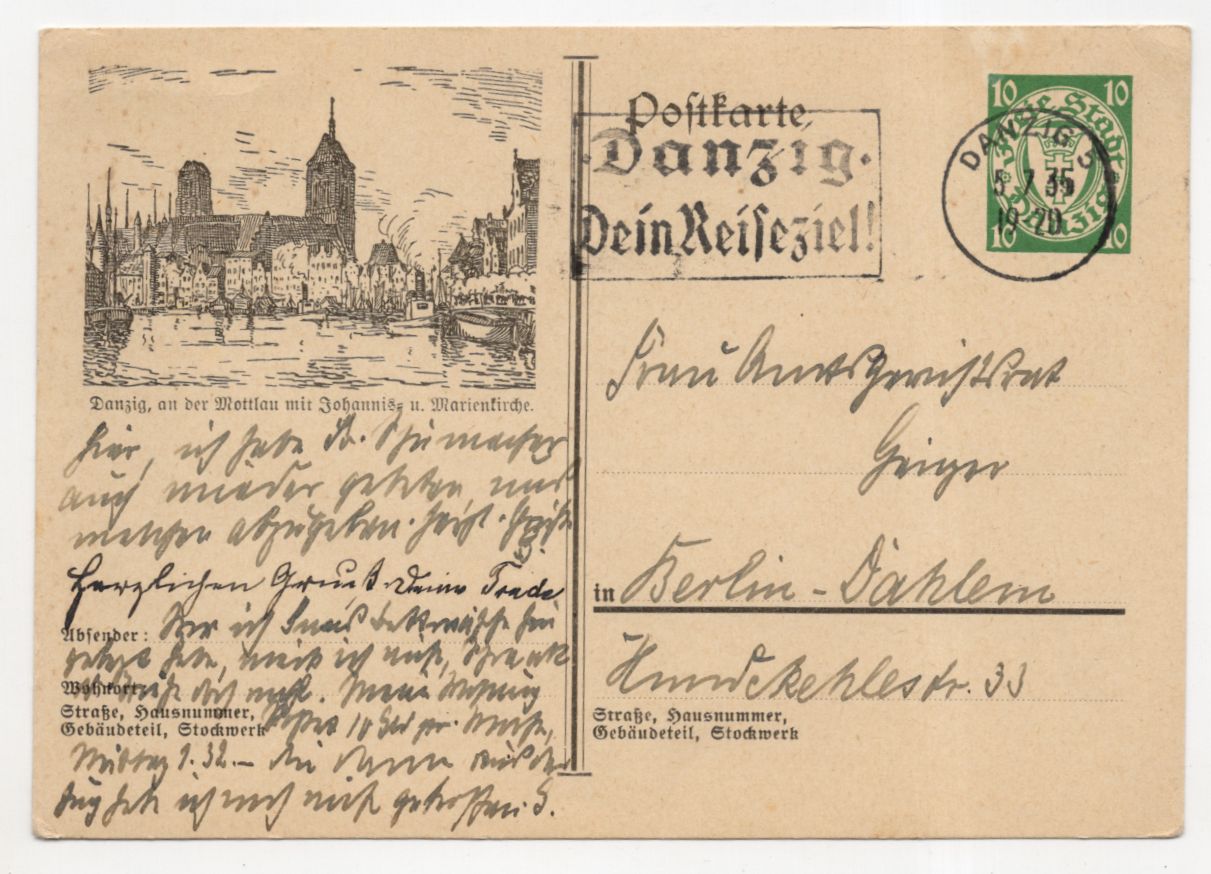 DR Ganzsache Danzig an der Mottlau mit Johannis Marienkirche 1935