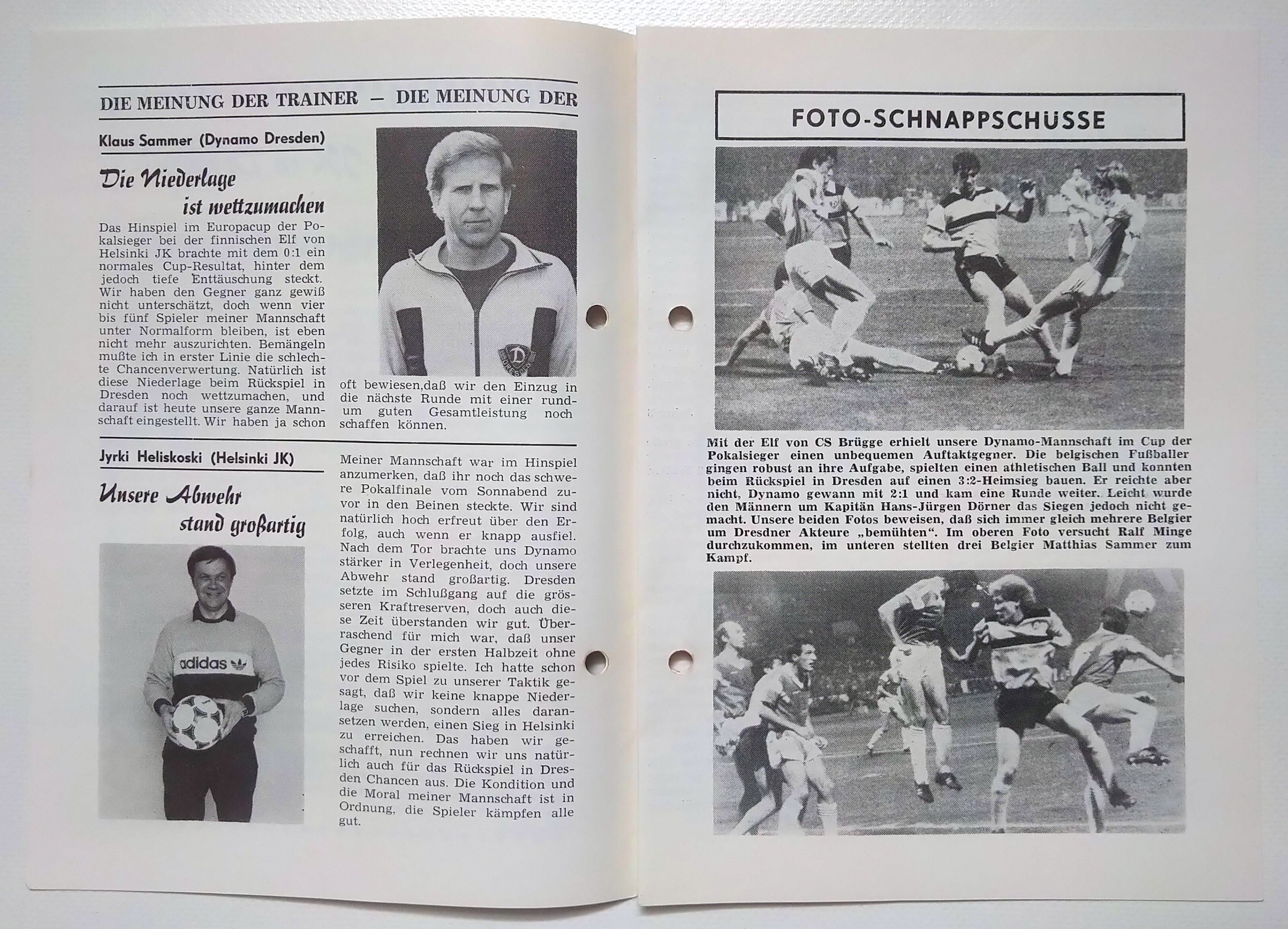 Fußball Programmheft Helsinki JK gegen Dynamo Dresden 1985