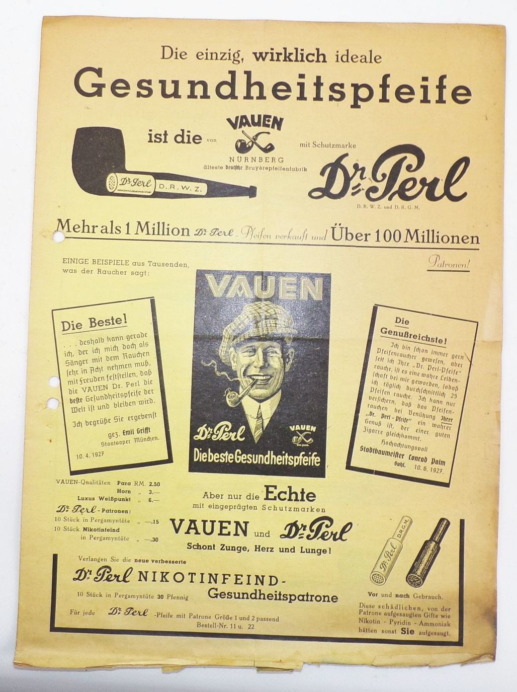 Reklame Prospekt Vauen Pfeife pipes Nürnberg Dr Perl 1930er 