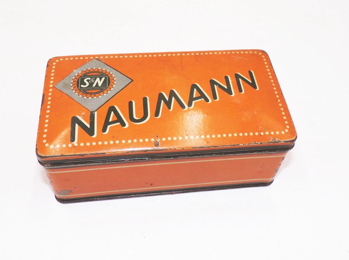 Alte Seidel und Naumann Blechdose orange Nähmaschinen Dose Box 